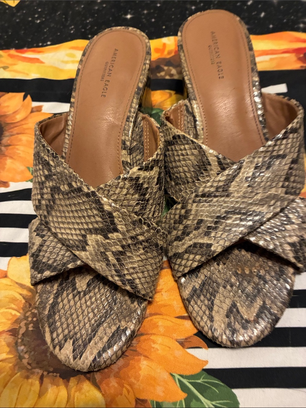 American Eagle Outfitters Tan/Brown Snake-Print Slide Mules